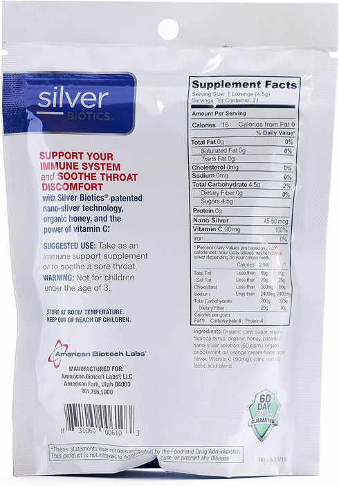 Silver Biotics Colloidal Silver Lozenges | 60 ppm SilverSol Ag?O? Technology | Immune Support + Throat Soothing | Orange Vitamin C | 21 Count...