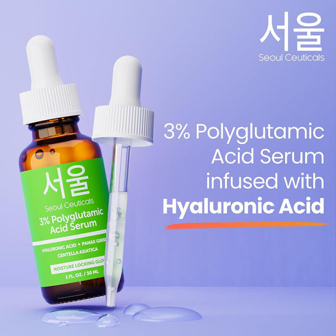 SeoulCeuticals Organic Polyglutamic Acid Serum - Korean Skin Care + Hyaluronic Acid + Centella Asiatica - K Beauty Anti Aging - Healthy Glowing Sk...