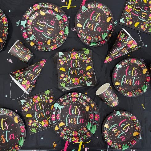 Sparkle and Bash 100 Pack Let's Fiesta Party Napkins for Kids Birthday, Cinco de Mayo Decorations (Black, 6.5 In) - Mexican Decorations for Party...