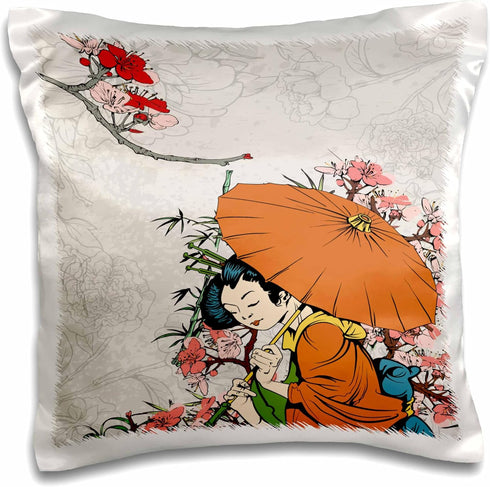 3dRose Lovely Japanese Geisha with Umbrella and Sakura Cherry Blossom Flowers Asian Oriental Illustration-Pillow Case, 16 by 16" (pc_119153_1)...