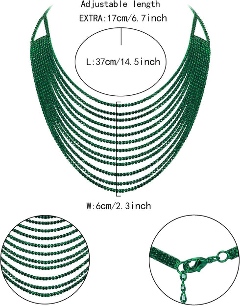 Flyonce Multi Layered Choker Collar Necklace, Glitter Green Rhinestone Crystal Tassel Multi-Strand Fringe Chains Bib Statement Necklace Prom Jewel...