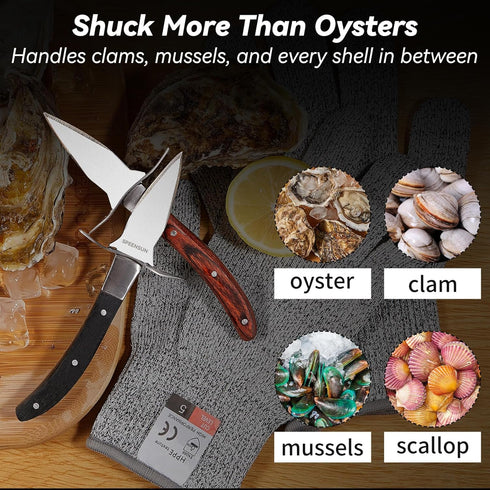 Oyster Shucking Knife,Oyster Shucker,2 Set Sturdy Sharpness Oyster Knife With Comfort Wood-handle,Oyster Shucking Kit With 1 Pairs Of Level 5 Prot...
