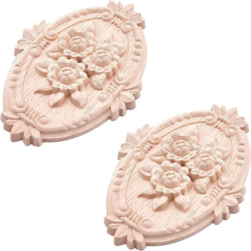 GORGECRAFT 2PCS Wooden Carved Onlay Appliques Oval Carving Decal Center Craft Unpainted Furniture Home Decoration Wood Carving Decal for Dresser B...