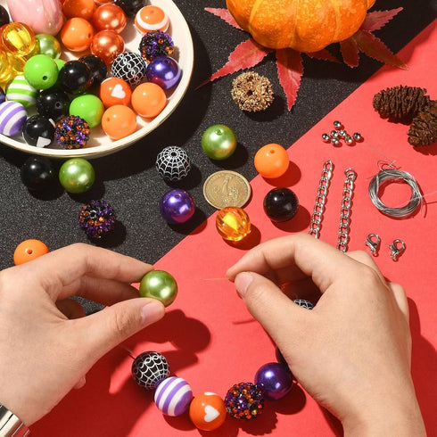 LiQunSweet 1 Set 50 Pcs DIY Halloween Beads Decoration Making Kit Including Acrylic Round Beads Chain Wire Lobster Clasps for DIY Jewelry Making...