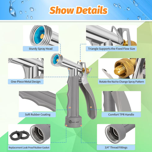 AUTOMAN Full Size Garden Hose Nozzle, High Pressure Pistol Grip Water Nozzle Sprayer with Threaded Front, Adjustable Spray Water Flow for Washing ...