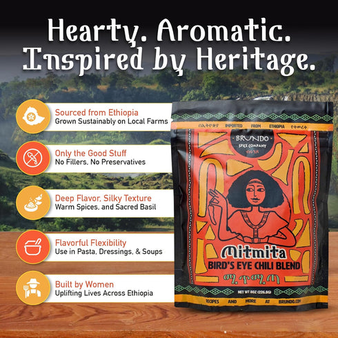 Brundo Ethiopian Spice Company Mitmita | Imported Authentic Ethiopian Spice Blend With Bird's Eye Chili Pepper (8 oz) | Processed in and Imported ...
