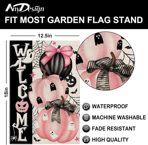 Halloween Garden Flag Double-Sided Welcome Yard Flag Spooky Ghost Pink Pumpkin Holiday Outdoor Decorative Fabric Flag for Patio Lawn Halloween Par...