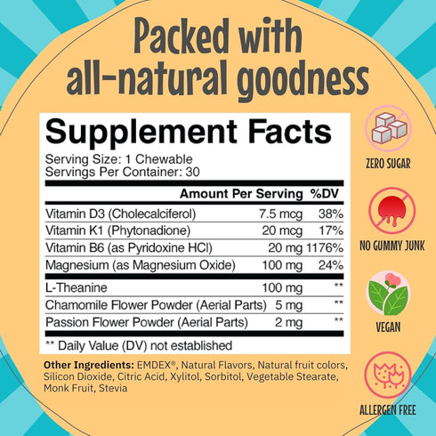 Clarity Kids Super Calm | Magnesium Chewable Vitamin for Children Comfort Focus and Relaxation | All Natural Calm Supplement with L-Theanine | USA...