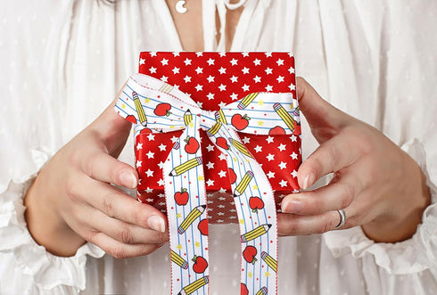 2 Rolls 10 Yards Back to School Wired Edge Ribbon, 2.5inch Yellow Ruler Burlap Ribbon Apple Pencil Gift Wrapping Ribbon for First Day of School Pa...