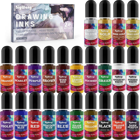 Alcohol Ink Set - 24 Bottles Vibrant Colors High Concentrated Alcohol-Based Ink, Concentrated Epoxy Resin Paint Colour Dye Great for Resin Petri D...