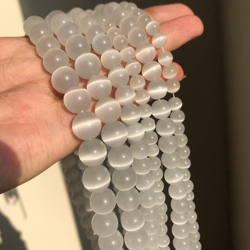 Yochus 8mm White cat-Eye Round Loose Beads Natural Stone Beads for Jewelry Making...