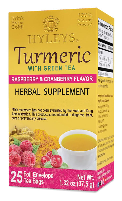 Hyleys Turmeric Tea - Raspberry & Cranberry Flavors - 25 Tea Bags - Wellness Herbal Supplement Green Tea...