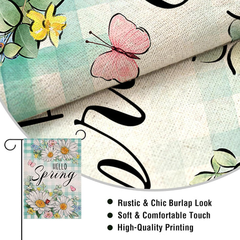 Hello Spring Daisy Flower Small Decorative Garden Flag, Floral Eucalyptus Leaves Teal Plaid Yard Lawn Outside Decor, Butterfly Farmhouse Burlap Ou...