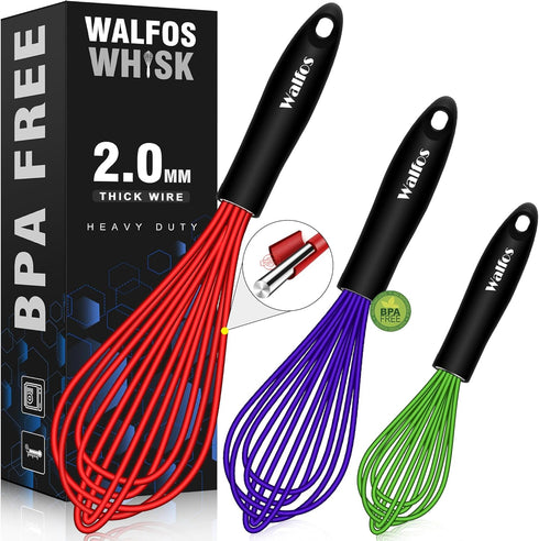 Walfos Whisk,8.5+9+11in Silicone whisk, BPA free Whisks for Cooking Non Scratch. Heat Resistant(450°F) Wisk. Perfect for Blending, Mixing, Beating...