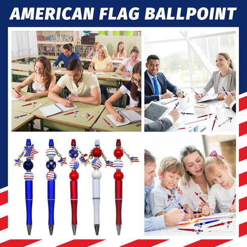 150 Pieces Independence Day Beadable Pens Kit - 4th of july Patriotic 50 Beaded Pens Bulk, Refills & Pen Bags Included - Bead Pens Black Ink Ballp...