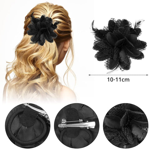Black Ladies Feather Flower Hair Clip Elegant Hat Flower Mesh Ribbons Brooch Pin Hair Accessory Fascinator Headwear Floral Corsage for Women and G...