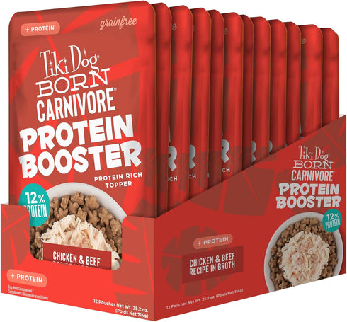 Tiki Dog Born Carnivore Protein Booster Dog Food Topper, Chicken and Beef Recipe in Broth, 2.1 oz. Pouch (12 Count)...