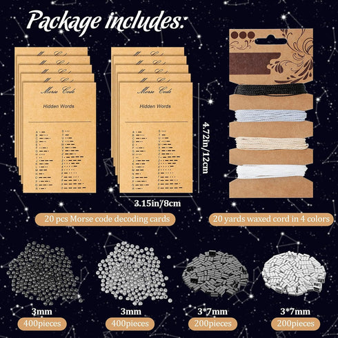 DIY Morse Code Bracelet Kit, 800 Pieces Round Spacer Beads 400 Pieces Long Tube Spacer Beads 20 Pieces Morse Code Decoding Card 20 Yards Waxed Cor...