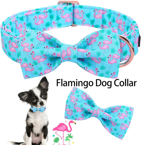ARING PET Flamingo Dog Collar-Cotton Dog Collar with Bow, Adjustable Summer Bowtie Dog Collars Pet Collars with Metal Buckle...