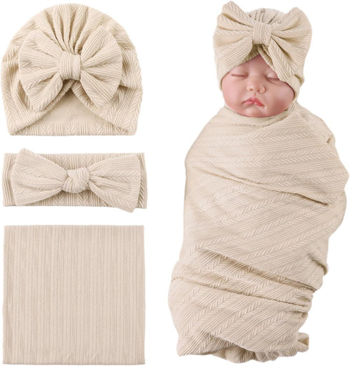 OMUKY Newborn Receiving Blanket Bow Headband and Beanie Set Baby Swaddle Receiving Blankets Baby Boy Girls Nursery Swaddle Wrap(Khaki)...