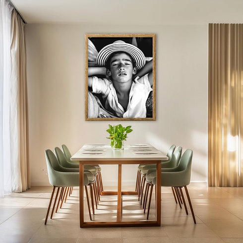 Posterizer 1 pcs-black and white photo of young man with beach hat 2-Photography Art-Retro Art-Decor for Home & Office- unframed wall art...