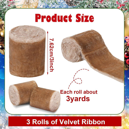 Jutom 3 Rolls Velvet Ribbon for Gift Wrapping Fringe Ribbons Raw Edge Silk Velvet Ribbon Christmas Vintage Velvet Ribbon for Xmas Wreath Bow Makin...