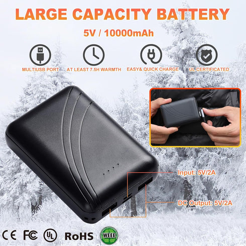 5V 2A Power Bank for Heated Vest,Rechargeable Battery Pack for Heated Jacket, 10000mAh Packet Size LED Light Portable Charger for USB Heated Cloth...