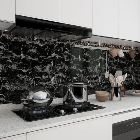 16x118 inch Black Marble Contact Paper Peel and Stick Countertop Waterproof Vinyl Glossy Granite Wallpaper Removable Self-Adhesive Film for Kitche...