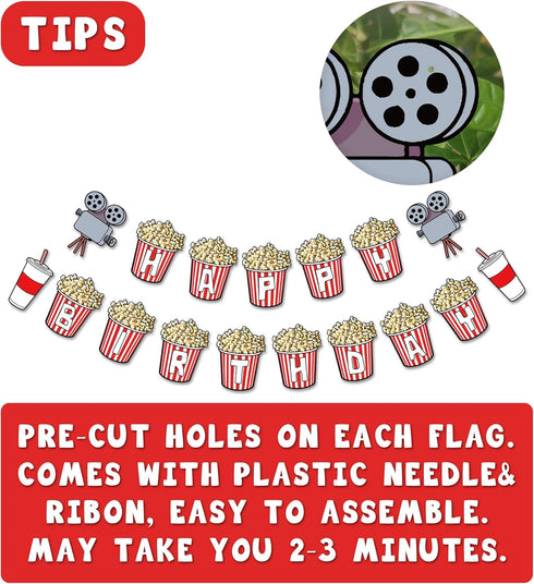 Movie Night Theme Happy Birthday Banner, Popcorn Inspired Birthday Party Sign, Watching Movie Bday Pennant Decor...