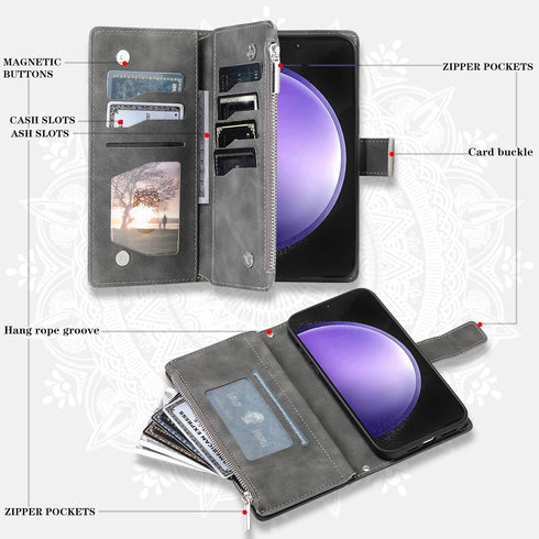 Phone Case for Samsung Galaxy S23 FE 5G Wallet Cover With Tempered Glass Screen Protector and Wrist Strap Mandala Flower Flip Zipper Credit Card H...