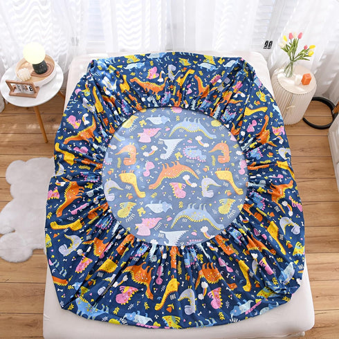 Bedding Fitted Sheet with Deep Pocket for Boys Girls Twin Bed,Dino Printed Thicken Fabric Bed Sheets (Navy Blue(Dinosaur), Twin)...