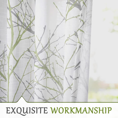 FMFUNCTEX Linen Semi Sheer Curtains for Bedroom, Sage Green White Curtains 54 Inches Long for Living Room, Grey Tree Branch Print Curtain Light Fi...