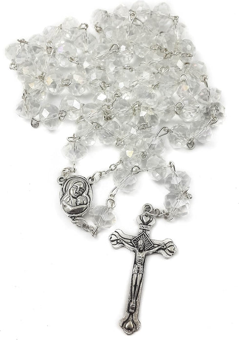 Nazareth Store White Clear Crystal Beads Rosary Prayer Beaded Necklace with Holy Soil Medal and Jesus Cross Communion Rosary...