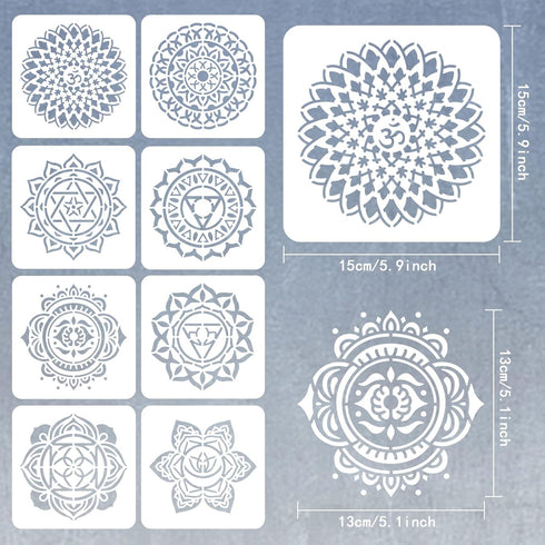 FINGERINSPIRE 8PCS Chakra Symbol Stencil 5.9x5.9 inch Plastic PET Mandala Flower Stencil Reusable Yoga Meditation Floral Craft Stencil Template fo...