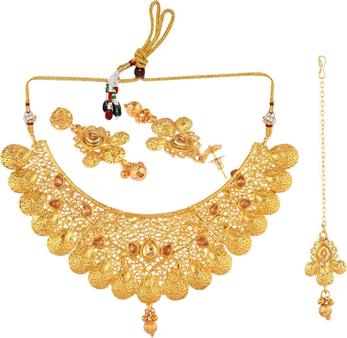 Efulgenz Indian Bollywood Traditional Crystal Kundan Choker Necklace Earrings Maang Tikka Wedding Bridal Jewelry Set For Women...
