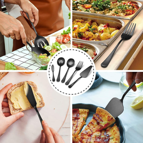 LIANYU 5-Piece Matte Black Serving Utensils Set, Stainless Steel Serving Set Include Serving Spoon Fork, Flatware Serving Pieces for Buffet Cateri...
