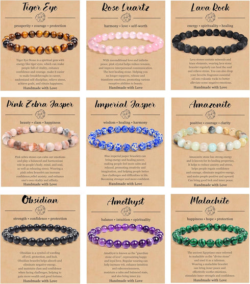 BOMAIL 9PCS Natural Crystal Bracelets for Women Men - 8mm Semi-Precious Gemstone Beaded Bracelets, Round Gemstones Stretch Bracelet, Yoga Bracelet...