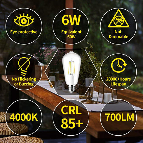 ST64 Edison LED Bulb 6W Equivalent 60W High Brightness Daylight White 4000K 700 Lumens E26 Base 85+ CRI Non-Dimmable Clear Glass 6 Packs...