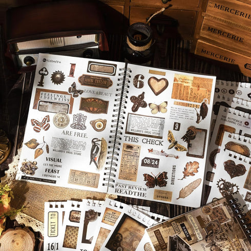 595PCS Vintage Washi Sticker Book for Scrapbookling - 50 Sheets Brown Pre-cut Journaling Stickers, Ephemera for Junk Journal Supplies DIY Crafts A...
