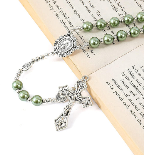 Nazareth Store Pearl Beads Rosary Miraculous Prayer Necklace Strong Metal Mystery Beaded Rosary for Men & Women...