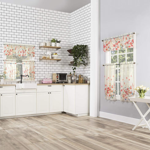 No. 918 Rosalind Watercolor Floral Semi-Sheer Rod Pocket Kitchen Curtain Valance and Tiers Set, 54" x 24", Poppy Red...