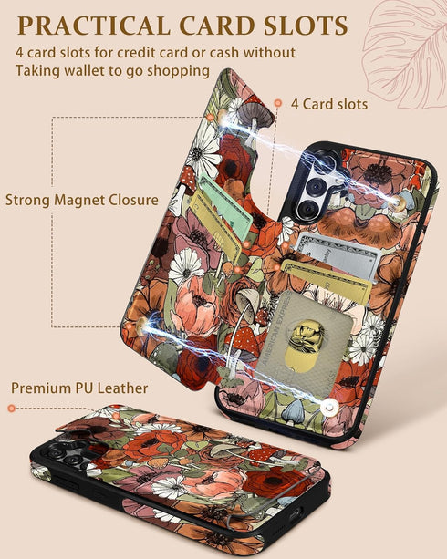 Shorogyt for Samsung Galaxy S23 FE Wallet Case with Card Holder, Designer Mushroom Flower Pattern Kickstand Magnetic Clasp Back Flip Folio Leather...