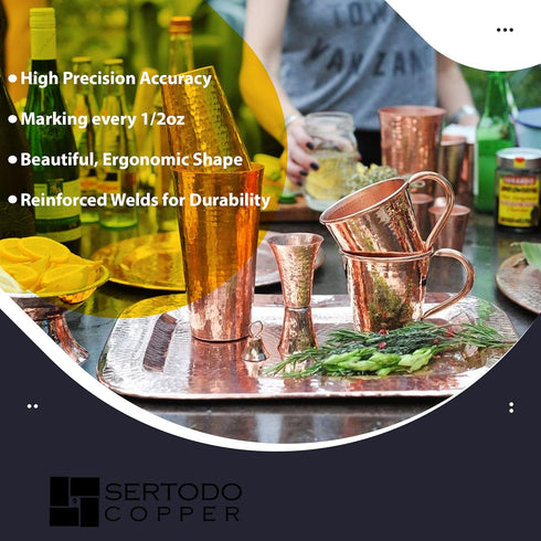 Sertodo Copper Double Sided Jigger, 1 oz and 2 oz Measured Shots, Hand Hammered 100% Pure Copper, Single...