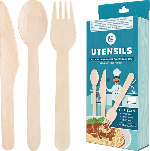EQUO Wooden Disposable Utensil Set (Pack of 30 Forks, Spoons, Knives - 10 each) - Plastic-free, Home-compostable, Heat-safe utensils for Parties, ...
