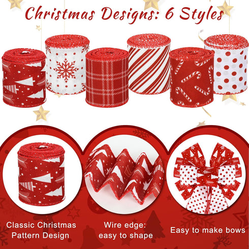 Whaline 36 Yards 6 Rolls Christmas Ribbon Red White Sripe Plaids Dot Wired Edge Ribbon Xmas Tree Candy Cane Snowflake Burlap Craft Ribbon for Xmas...