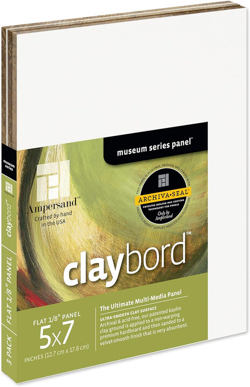 Ampersand Art Supply Wood Painting Panel: Museum Series Claybord, 5" x 7" - Pack of 3, 1/8" Flat Profile...