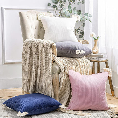 Phantoscope Pack of 2 Corduroy Soft Pillow Covers Decorative Striped Velvet Throw Pillows with Cotton Tassels Ultra Solid Cushion Covers Pillowcas...