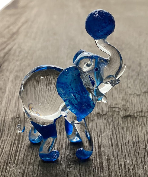 Garden Deco Glow in The Dark Blue Elephant Play Football Hand Blown Art Glass Figurine Ornament Sculpture...