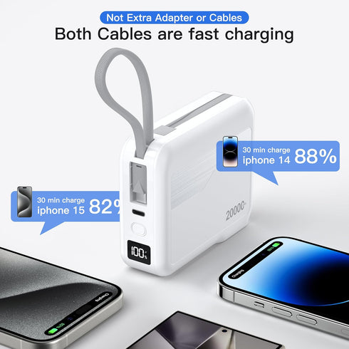Portable Charger Built-in Cables & AC Wall Plug 20000mAh, USB C 27W Fast Charging Power Bank with LED Display, Portable Battery for iPhone 15/14/1...