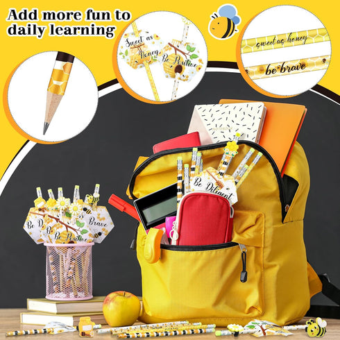 48 Sets Bee Themed Gifts 48 Scented Bee Inspirational Pencils, 48 Motivational Cards and 48 Pencil Topper Clip for Kids Graduation Gifts End of th...